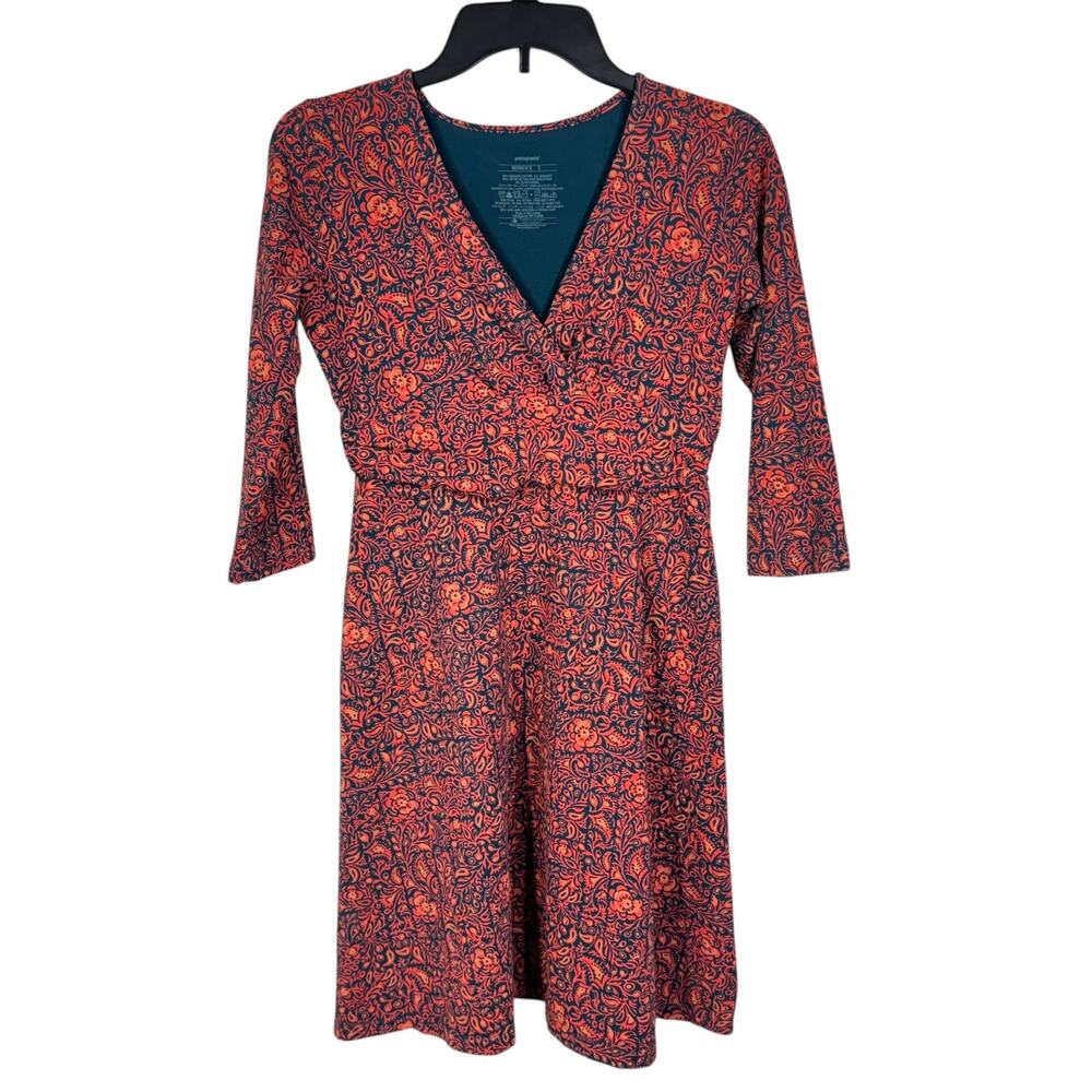 Patagonia Small Margot Mini Dress Floral 3/4 Sleeves Stretch Surplice V-Neck